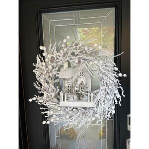 Winter Snow Twig Wreath With Lighted Wooden Church